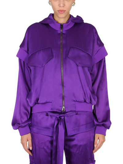 Tom Ford Zip-up Hooded Silk Bomber Jacket In Purple
