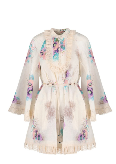 Zimmermann Jude Belted Lace-trimmed Floral-print Linen Mini Dress In Off-white