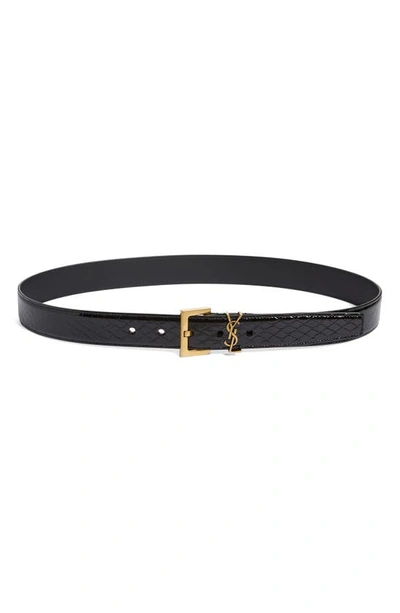 Saint Laurent Golden Ysl Monogram Croc-embossed Leather Belt In Black Gold