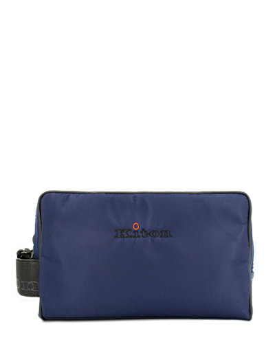 Kiton Clutch Bag In Leather And Fabric Blue  Man