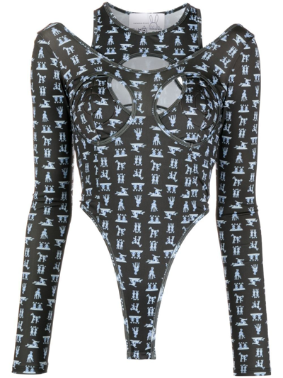 Natasha Zinko Cut-out Bunny Motif Bodysuit Top In Black