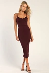 Lulus Sophisticated Soiree Plum Purple Bustier Midi Bodycon Dress In Plum Purple