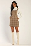 LULUS PLAID TO BE YOURS BEIGE AND BROWN PLAID PINAFORE MINI DRESS