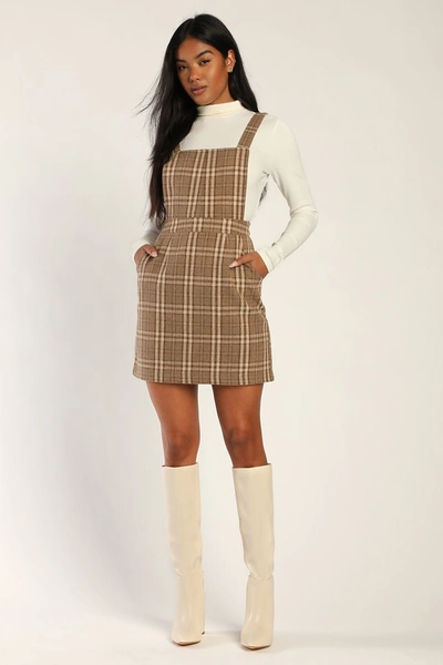 Lulus Plaid To Be Yours Brown Plaid Pinafore Mini Dress