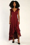 LULUS PARTY DARLING WINE RED STRIPED LUREX HIGH-LOW WRAP DRESS