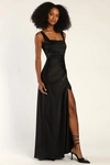 Lulus Red Carpet Romance Black Satin Square Neck Maxi Dress In Black