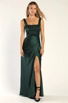 Lulus Red Carpet Romance Emerald Green Satin Square Neck Maxi Dress In Emerald Green