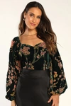 LULUS LUXE ROMANCE EMERALD VELVET FLORAL BURNOUT LONG SLEEVE BODYSUIT