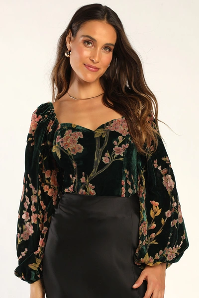 Lulus Luxe Romance Emerald Velvet Floral Burnout Long Sleeve Bodysuit In Green