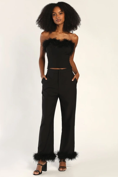 Lulus Flair For The Fabulous Black Feather Straight Leg Pants