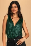 Lulus Evening Of Wonder Emerald Green Sequin Cowl Back Bodysuit In Emerald Green
