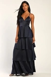 Lulus Going With Elegance Navy Blue Satin Tiered Maxi Dress In Navy Blue