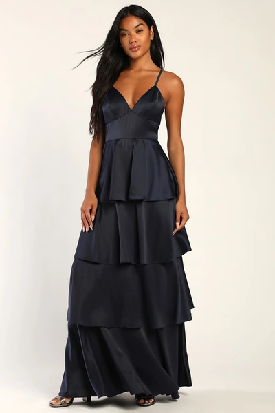 Lulus Going With Elegance Navy Blue Satin Tiered Maxi Dress