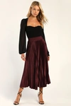 Lulus Sophisticated Vision Plum Satin Pleated Midi Skirt In Purple