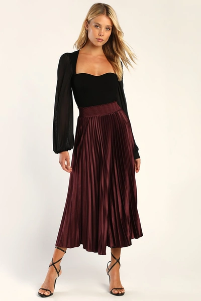 Lulus Sophisticated Vision Plum Satin Pleated Midi Skirt In Purple