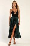 Lulus Sophisticated Vision Emerald Green Satin Pleated Midi Skirt In Emerald Green