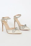 Lulus Lullie Ivory Satin Rhinestone Ankle Strap Pointed-toe Pumps In Ivory