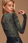 Lulus Save The Date Olive Green Velvet Striped Long Sleeve Bodysuit In Olive Green