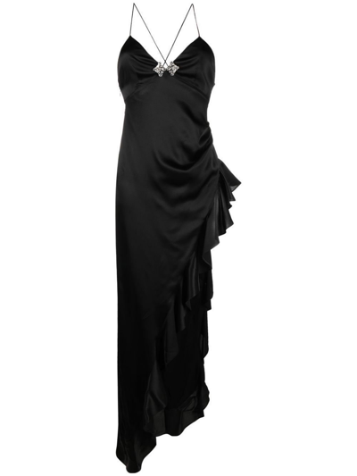Alessandra Rich Ruffle-trimmed Silk Gown In Black