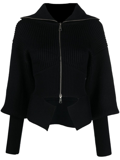 Andreädamo Ribbed-knit Zip-up Cardigan In Black