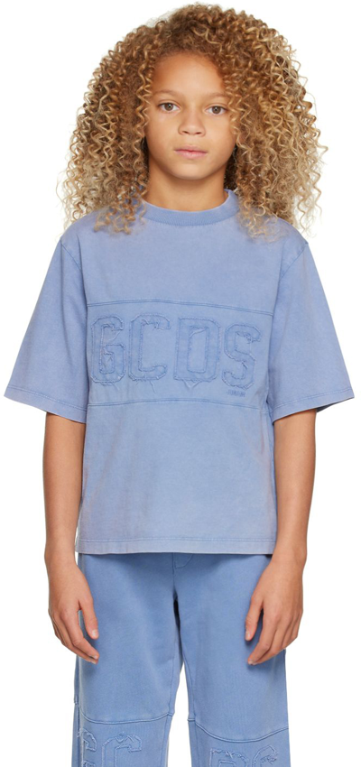 Gcds Kids Blue Garment-dyed T-shirt In Wild Wind Blue