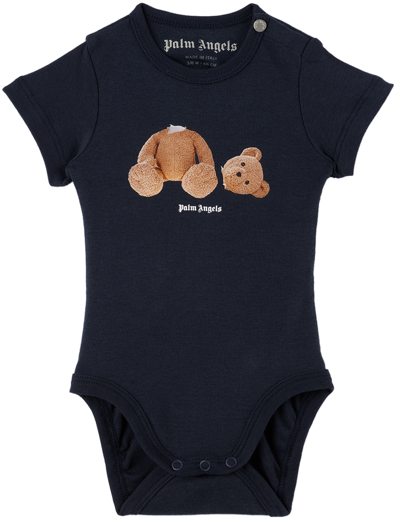 Palm Angels Kids' Baby Navy Bear Bodysuit In Navy Blue Brown