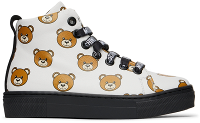 Moschino Kids White Teddy Print Sneakers In White Var. 1