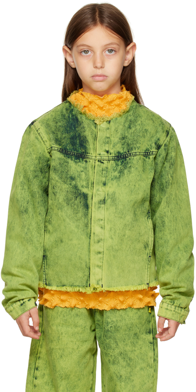 M.a+ Kids Green Collarless Denim Jacket In Lime