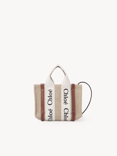 CHLOÉ MINI WOODY TOTE BAG IN LINEN MULTICOLOR SIZE ONESIZE 100% LINEN, CALF-SKIN LEATHER