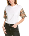Burberry White T-shirt With Contrasting Check Motif Sleeves In White