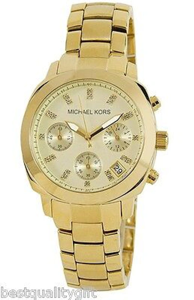Pre-owned Michael Kors Gold Tone Stainless Steel+crystal Dial+chrono+date Watch Mk5132 In Burly Wood
