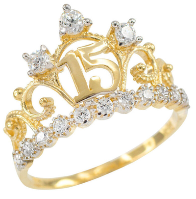 Pre-owned Claddagh Gold Yellow Gold Quinceanera 15 Anos Conora Cz Crown 15 Years Old Ring