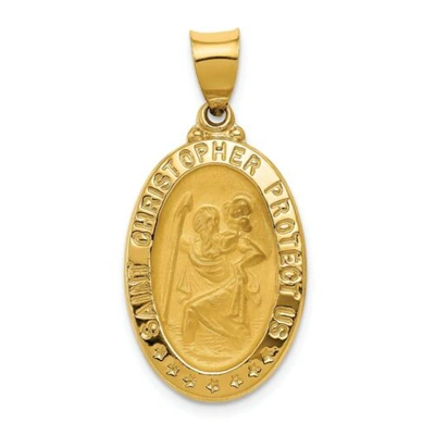 Pre-owned Goldia 14k Yellow Gold Satin & Polished St. Christopher Protect Us Medal Oval Pendant