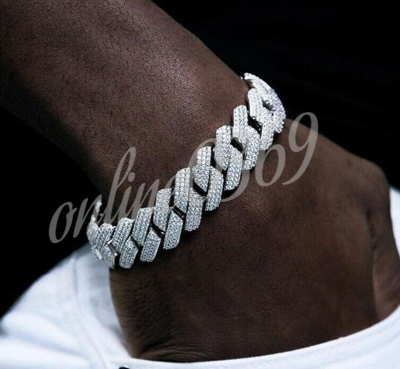 Pre-owned Online0369 4.65ct Cubic Zirconia Mens Classic Cuban Link Bracelet White Gold Over Silver