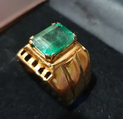 Pre-owned Handmade Mens Emerald 14k Gold Ring Natural Emerald  Gold Ring For Man Real Ring In Blue