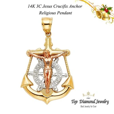 Pre-owned Tgdj Men's 14k Yellow Gold Jesus Christ Anchor Sacred Religious Pendant 3.4 Grams