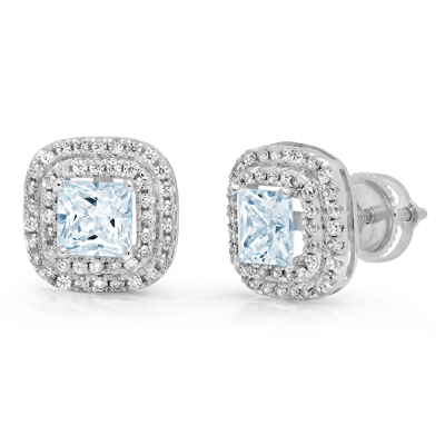 Pre-owned Pucci 2.99 Ct Princess Round Cut Halo Classic Stud Blue Cz Earrings 14kwhite Gold In D