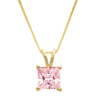 Pre-owned Pucci 3.0 Ct Princess Cut Cz Pink Pendant Necklace 18" Chain Real 14k Yellow Gold