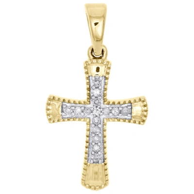 Pre-owned Jfl Diamonds & Timepieces 10k Yellow Gold Real Diamond Cross Pendant 1" Dome Milgrain Border Charm 1/10 Ct In White