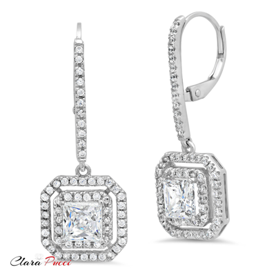 Pre-owned Pucci 3.27 Princess Round Classic Drop Dangle Earrings 14k White Gold Lab Moissanite