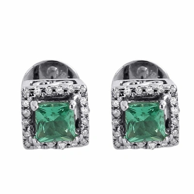 Pre-owned Jfl Diamonds & Timepieces Diamond Princess Cut Created Emerald Stud Earrings Ladies White Gold 1.12 Tcw In White ; Green