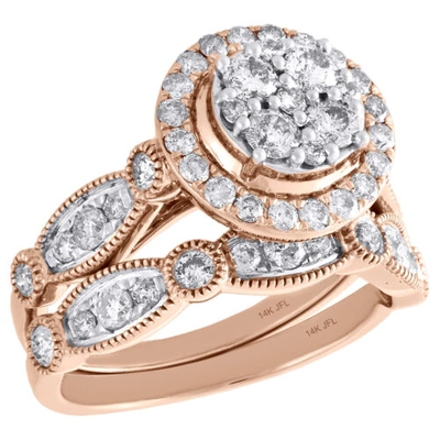 Pre-owned Jfl Diamonds & Timepieces 14k Rose Gold Diamond Bridal Set Flower Engagement Ring + Wedding Band 1.50 Ct. In White