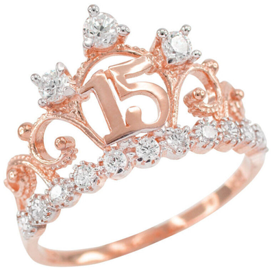 Pre-owned Claddagh Gold 14k Rose Gold Quinceanera 15 Anos Conora Cz Crown Ring In Pink