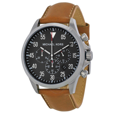Pre-owned Michael Kors Silver Tone,brown Leather Band,black Dial,chronograph Watch-mk8333
