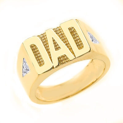 Pre-owned Claddagh Father's Day Solid 14k Gold 0.06 Ct Diamond "dad" Men's Ring Band Width 5.0 Mm In Yellow