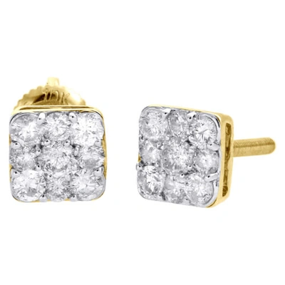 Pre-owned Jfl Diamonds & Timepieces 10k Yellow Gold Real Diamond Studs 6.50mm Square Cluster Pave Earring 0.74 Ct. In White