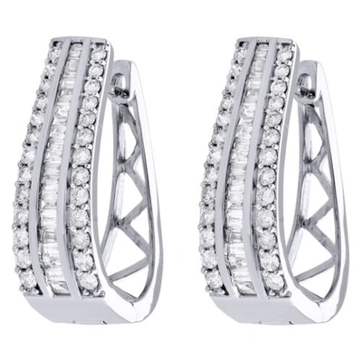 Pre-owned Jfl Diamonds & Timepieces 10k White Gold Baguette Diamond Huggie Ladies Oval Hoop Earrings 1.00" 1.50 Ct.