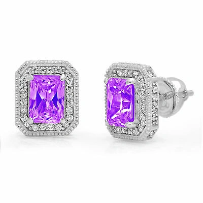 Pre-owned Pucci 3.98 Emerald Round Cut Halo Classic Stud Real Amethyst Earrings 14k White Gold In Purple