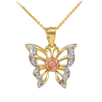 Pre-owned Claddagh Gold Fine 14k Three-tone Gold Fashion Women's Butterfly Cz Pendant Necklace In White