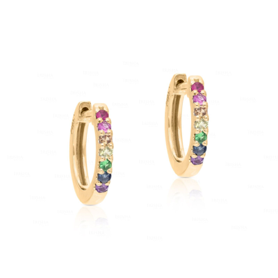 Pre-owned Irisha Designs Multi Sapphire Gemstone Rainbow Huggie Hoop Earrings Fine Jewelry Handmade In Yellow